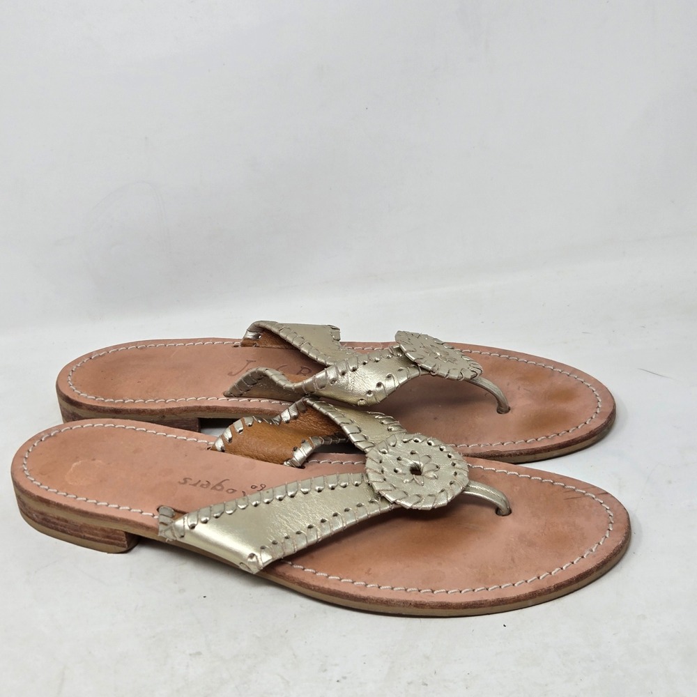 Jack Rogers Jacks Flat Sandal Gold Metallic Leather Whipstitch Thong Womens 8.5M